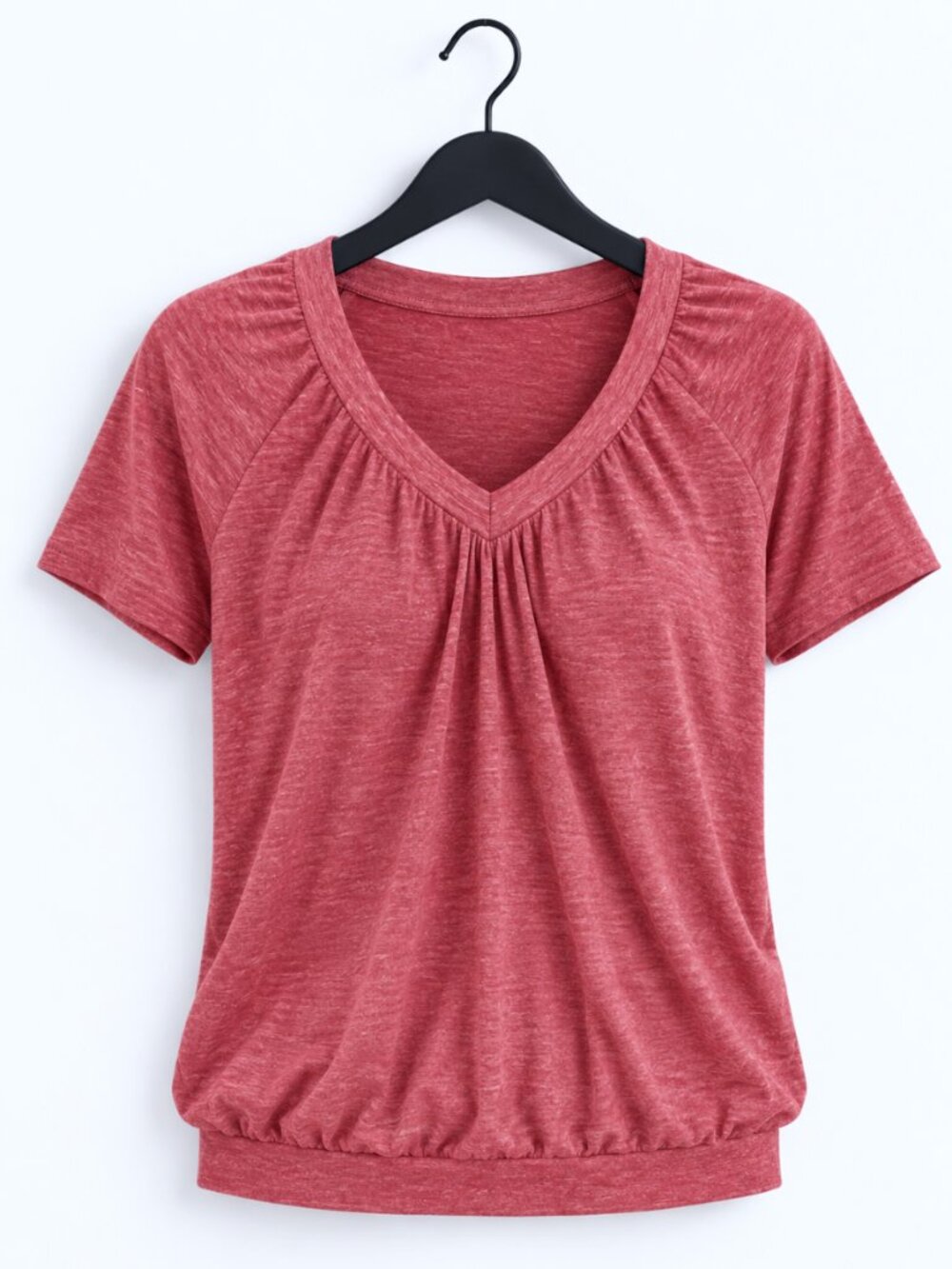 Women's Short Sleeve Shirt, V Neck, Ruched Top, Size Medium, Rose Red